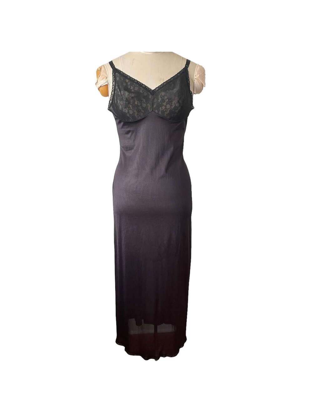 Vintage Lilyette Black Nylon Slip Dress: Lace Trim, Side Slits, Size 34